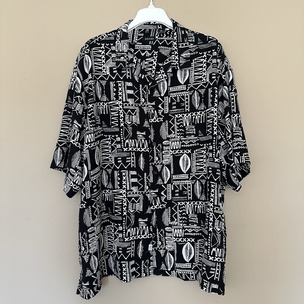 Gochu Men 4XL Hawaiian Shirt Button Black White Polynesian Men Beach Resort Luau